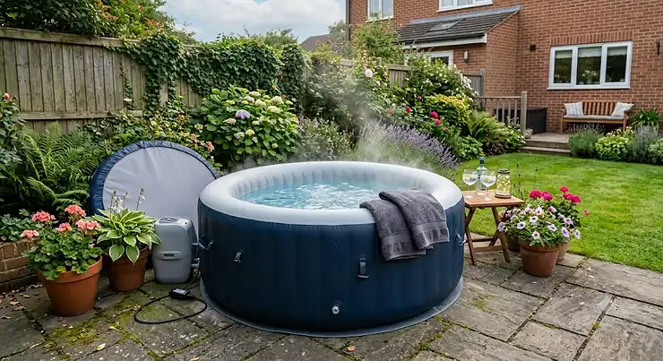 A cosy two-person inflatable hot tub setup on a paved patio in a suburban British garden.