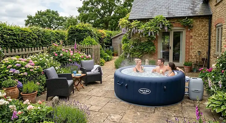 A 4 person inflatable hot tub set up on a paved patio in a cosy British garden.