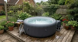 Compact two-person inflatable hot tub with gentle hydrotherapy jets installed on timber decking.