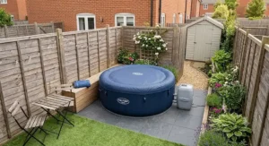 Compact 4 person inflatable hot tub neatly fitted into a small urban back garden in the UK.