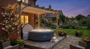 Cosy evening view of a warm affordable inflatable spa illuminated by fairy lights on timber decking