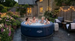 Friends enjoying a 4 person inflatable hot tub illuminated by fairy lights on a cool British evening.