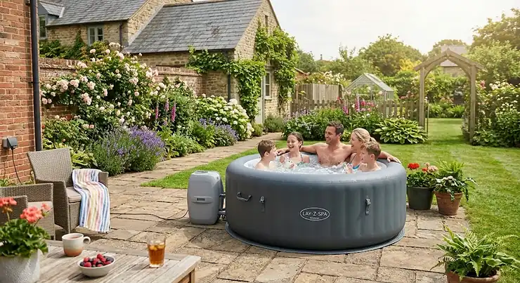 Family relaxing together in an affordable inflatable spa on a warm summer afternoon in the garden