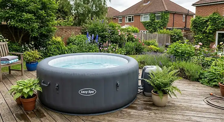 Large family size inflatable spa set up on a wooden decking in a British garden
