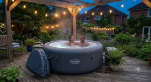 Illuminated family size inflatable spa surrounded by string lights on a UK patio at evening