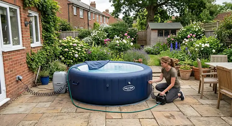 Illustration of a round inflatable hot tub being set up on a paved patio in a suburban British garden.