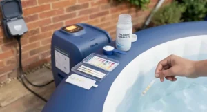Illustration of chlorine granules and dip test strips used to maintain water chemical balance in an inflatable hot tub.
