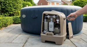 Built-in hard water treatment system integrated into an Intex inflatable spa pump unit