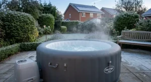 Lay-Z-Spa hot tub with Freeze Shield technology operating during a chilly UK winter evening