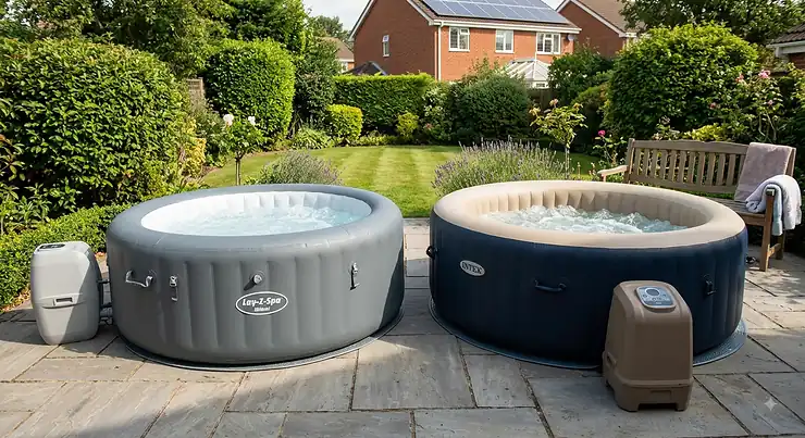 Lay-Z-Spa and Intex inflatable hot tubs set up side by side in a British suburban garden. Lay-Z-Spa vs Intex hot tub
