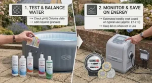 Informational guide illustrating chemical balancing and low running costs for an affordable inflatable spa