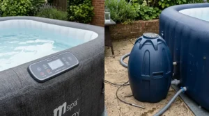 Side-by-side view showing MSpa internal control unit versus Lay-Z-Spa external pump heater system.