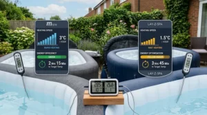 Digital thermometer displaying rapid heating speed and energy-efficient temperature controls for hot tubs.