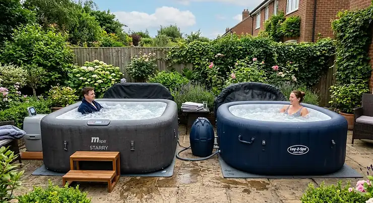 Comparison of MSpa and Lay-Z-Spa inflatable hot tubs set up in a British garden patio area. MSpa vs Lay-Z-Spa