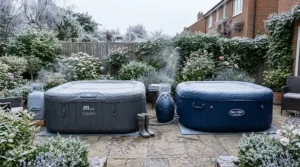 Inflatable spa undergoing anti-icing winter protection in a frosty British back garden.