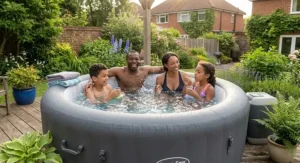 Parents and kids relaxing together in a round family size inflatable spa during summer