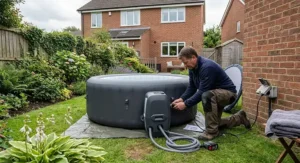 Setting up a plug-and-play 2 person inflatable hot tub on a grassy lawn using a standard UK socket.