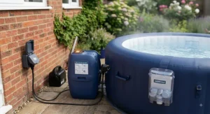 Illustration of a plug and play inflatable hot tub heater pump connected to a waterproof UK outdoor socket.