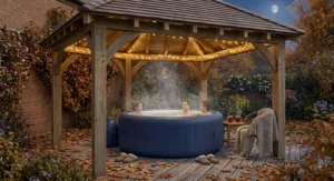 People relaxing in a steamy inflatable hot tub on a wooden garden deck during a cool UK autumn evening.