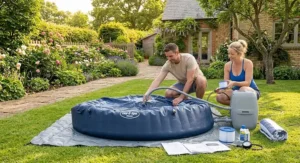 Inflating and setting up a 4 person inflatable hot tub on a neatly mown lawn.