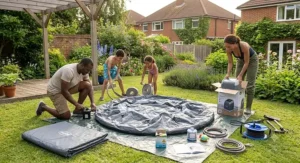 Quick setup of a portable family size inflatable spa being inflated on a UK garden lawn