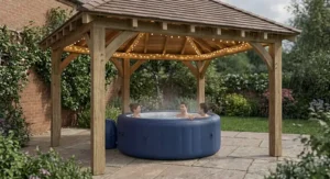 Illustration of an inflatable hot tub protected under a wooden garden gazebo with fairy lights for rainy weather.