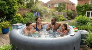 Family enjoying a warm soak together in a 6-person family size inflatable spa