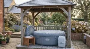 Insulated thermal lid secured on an affordable inflatable spa to prevent heat loss during cold UK winter weather
