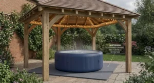 Illustration showing a cushioned floor protector mat placed under an inflatable hot tub to reduce heat loss.