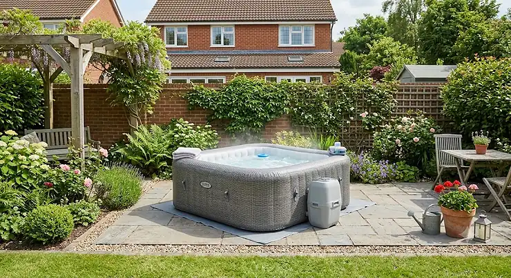 Four-person square inflatable hot tub set up on a patio in a British suburban garden