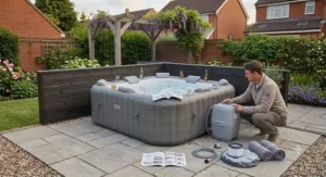 Six-person square inflatable hot tub featuring built-in drink holders and headrests