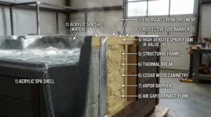 Insulation features when reviewing an acrylic hot tub vs inflatable hot tub for running costs.