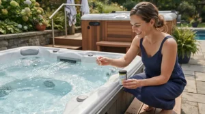 A homeowner comparing maintenance effort in an acrylic hot tub vs inflatable hot tub test.