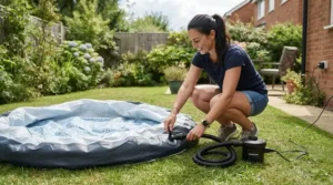 Inflating and filling a portable unit during an acrylic hot tub vs inflatable hot tub comparison.