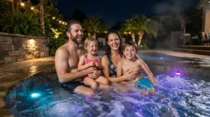 Family relaxing in an affordable hot tub under £5000 during a cool evening