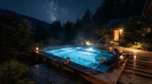 An affordable outdoor spa pool illuminated by internal waterproof LED lights after sunset.
