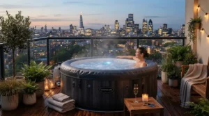 Compact inflatable hot_tub for cold weather installed on a city balcony in winter