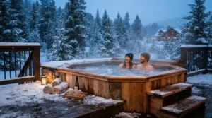 Two people relaxing in a budget-friendly hot tub during a chilly winter day surrounded by frosted grass.