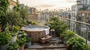 A compact hot tub fitted neatly onto a small urban courtyard patio with potted plants.