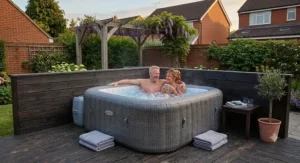 Couple relaxing outdoors in a square inflatable hot tub on a crisp afternoon