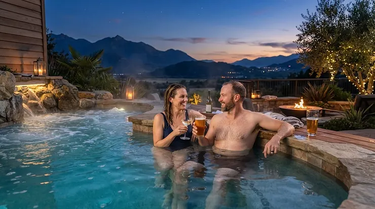 Couple unwinding with drinks in a spacious hard shell hot tub under a starry night sky