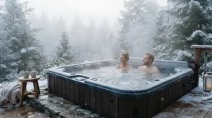 A durable rotomoulded hot tub steaming warmly on a frosty patio during a cold UK winter morning.