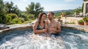 Two people relaxing in a plug and play hot tub without needing complex plumbing