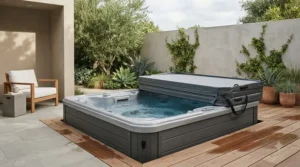Energy efficient hot tub under £5000 shown with its insulated thermal cover partially open