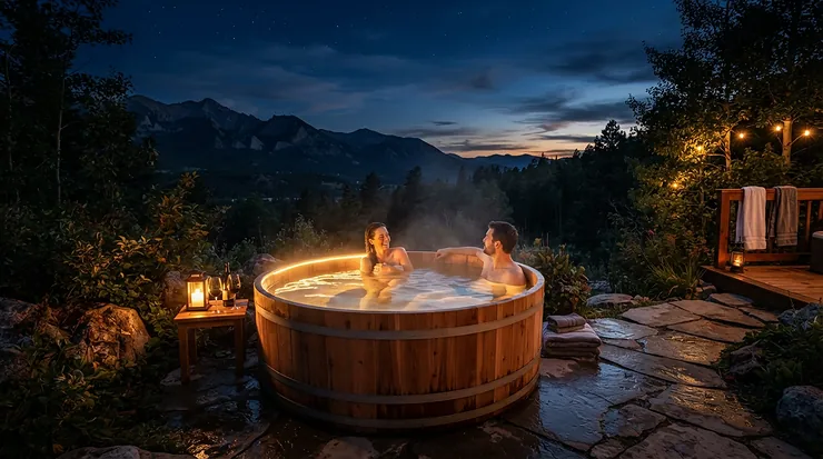 An energy-efficient rotomoulded hot tub glowing with underwater LED lighting during a relaxing evening.
