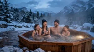 Family relaxing together in a warm hard shell hot tub during a chilly evening in the back garden