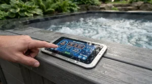 Illuminated digital control panel operating the temperature and pumps of a hard shell hot tub