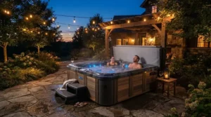 A modern hard shell hot tub installed on a paved garden patio with outdoor lighting and seating