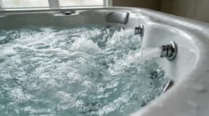 Close-up of hydrotherapy massage jets bubbling inside a premium hard shell hot tub