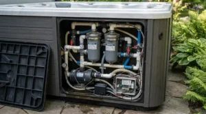 Clean water filtration compartment open on a high-specification hard shell hot tub